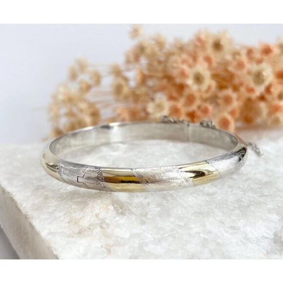Thai Made Dual Toned Vermeil Hinged Sterling Silver 925 Vintage Bangle Bracelet - Picture 1 of 10